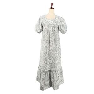 Vintage Malia of Honolulu Hawaiian Muumuu Maxi Dress XS Grey Leaf Block‎ Print